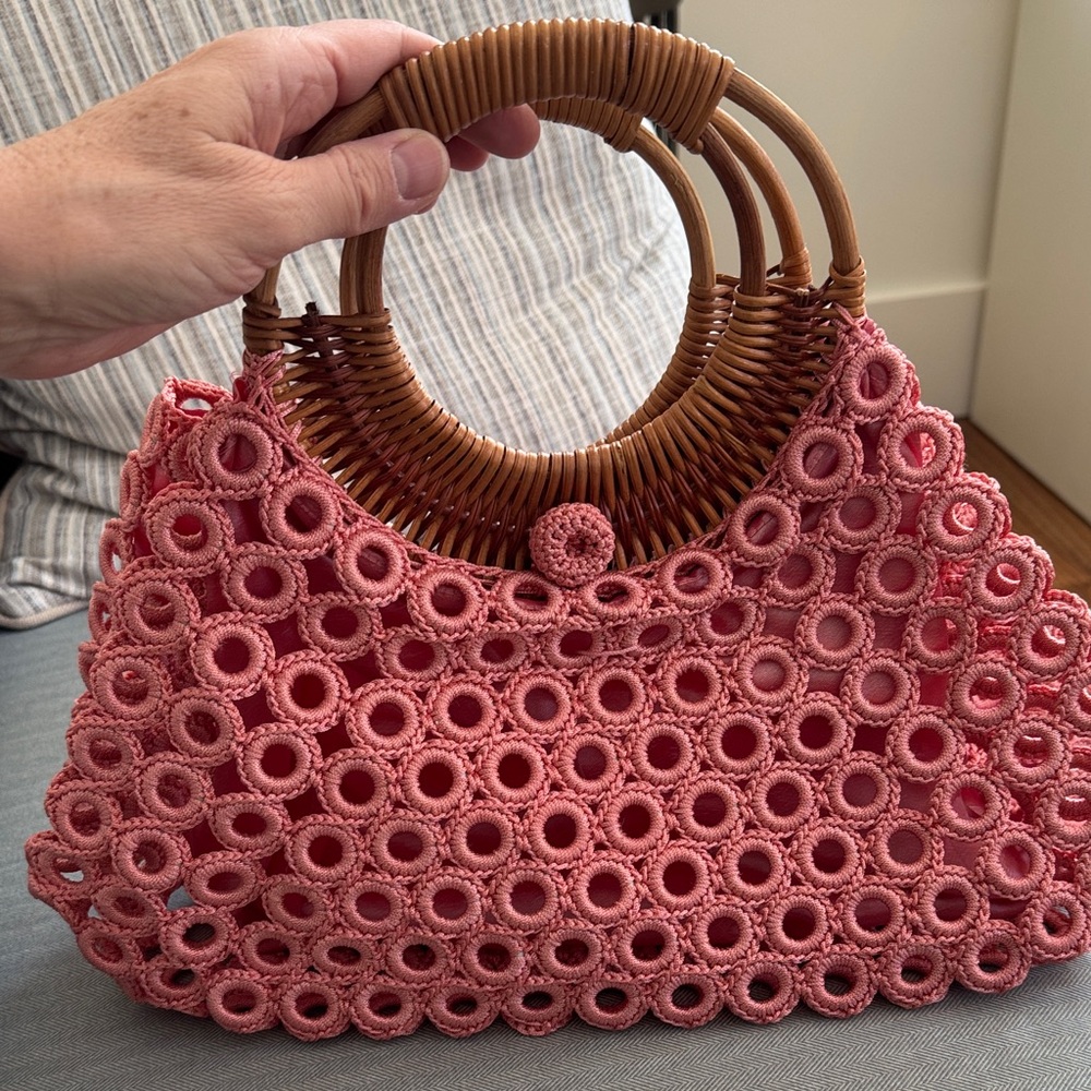 Elegant Pink Crochet Hand Bag with Wooden Handles